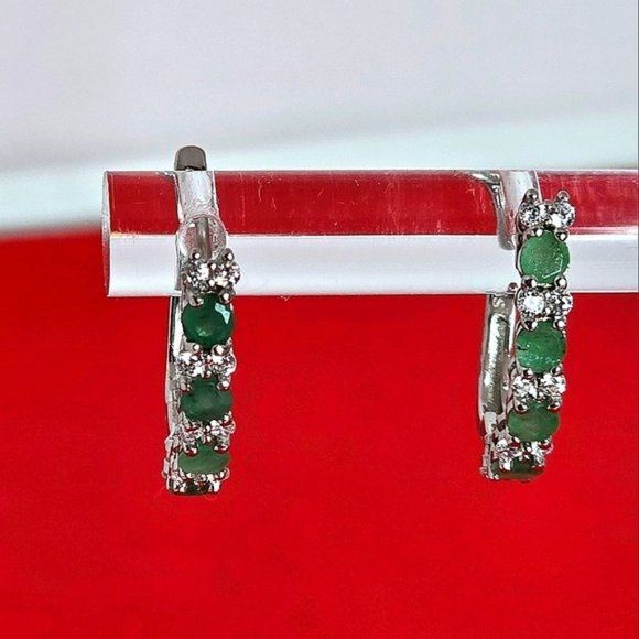 925 Sterling Silver Earrings with Natural Emerald with CZ - Picture 7 of 7